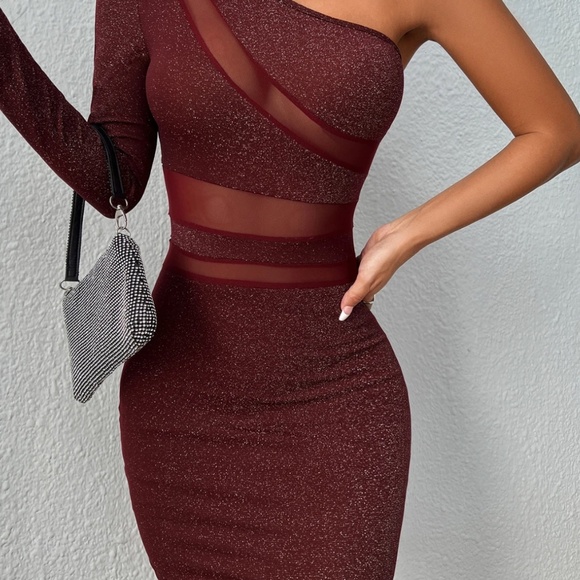 NWOT One Shoulder Contrast Mesh Bodycon Cocktail Dress Metallic Burgundy - Picture 4 of 4